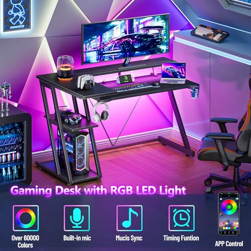 47 Inch Gaming Desk with Power Outlet & LED Lights, Corner Computer Desk with 3 Tiers Storage Shelves, Home Office Desk with Monitor Stand for Small Space, Carbon Fiber Black - Image 5