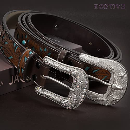 XZQTIVE Women Men Genuine Leather Belt Vintage Ladies Western Belt Engraved Tooled Leather Belt Cowboy Cowgirl Country Belt3