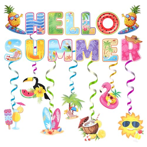 Lyreh Sommerparty Dekorationen, Sommerbanner-Set mit Hawaii-Thema Farbenfrohe Party-Banner-Dekorationen zum Thema Strand mit 7 Hängenden Wirbeln Perfekt für den Urlaub am Strand