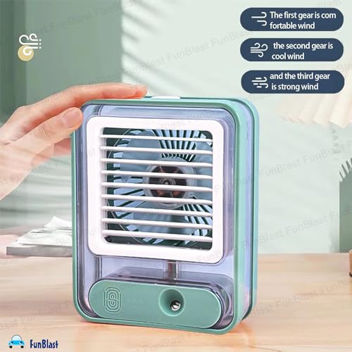 Image of FunBlast Portable Mist Spray Fan - USB Rechargeable Mini Desk Fan with 3 Speed Settings, Water Spray & LED Night Light, Compact Cooling Table Fan for Travel, Office & Home Use (Green)