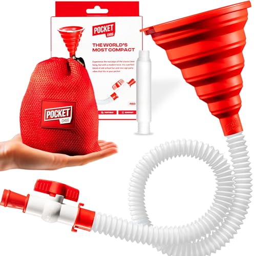 Pocket Chug - Super Compact Funnel, Hose & Valve - Convenient, Portable, Quality Silicone, Fast-Flow Valve, Includes Discreet Carry Bag (Red)