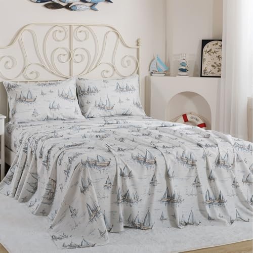 Image of FADFAY Premium 100% Cotton Sheet Set Queen - Coastal Nautical Sailboat Bedding, Soft Gray Seaside Harbor Print, Soft Breathable Cooling Bed Sheets, Deep Pocket Luxury Coastal Bedding 4 Piece
