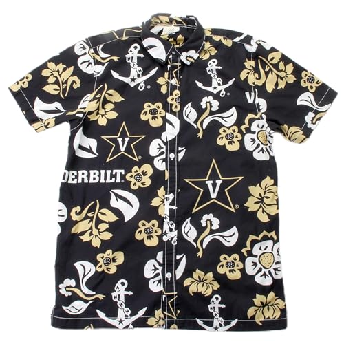 Wes and Willy NCAA Mens Hawaiian Floral Button Down Shirt, Vanderbilt Commodores, Black, XL