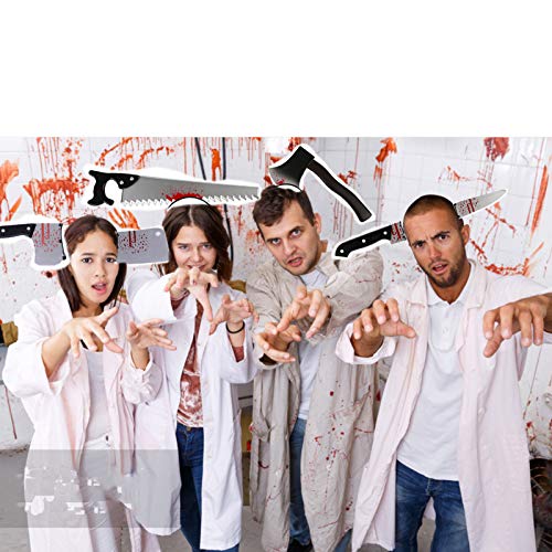 6PCS Halloween Costume Scary Weapon Headbands, Horror Photo Props Rubber Plastic Knife Axe Cleaver Scissor Headbands Through Head Zombie Accessories Makeup
