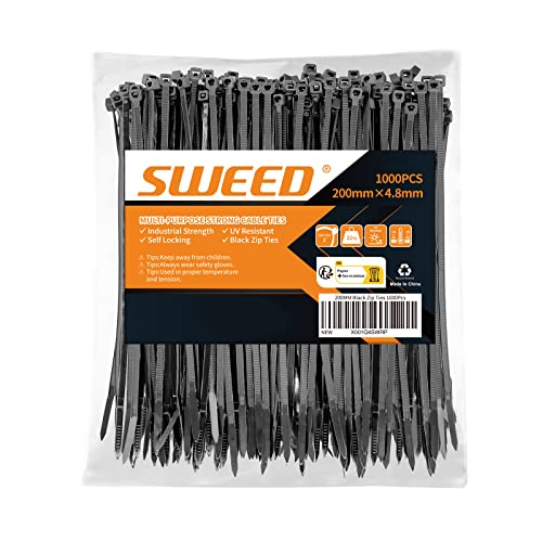 SWEED 200mm Riselant Noir, 1000pcs Serre Cables Robustes, Serre-Câbles Resistant à La Traction De 22kg, Collier de Serrage Anti-UV, Usage En Intérieur Et...