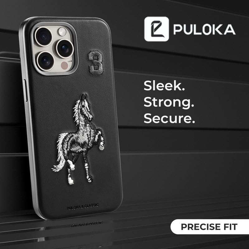 PULOKA Mobile Cover for iPhone 15 PRO MAX Horse Embroidery Sleek  Stylish Protective Anti Scratch Phone Cover Vegan Leather Back Case  Men