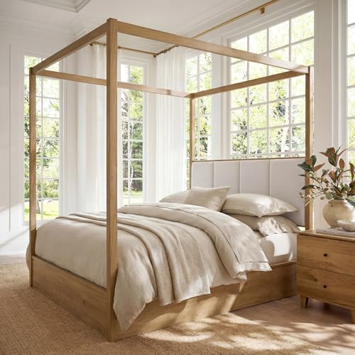 WAMPAT Wood Canopy Bed Frame Queen Size Solid Wood Poster Bed with 12 Slats and Support Legs 800 lbs Capacity No Box Spring Needed Modern Oak Wooden Bed with Upholstered Headboard for Bedroom