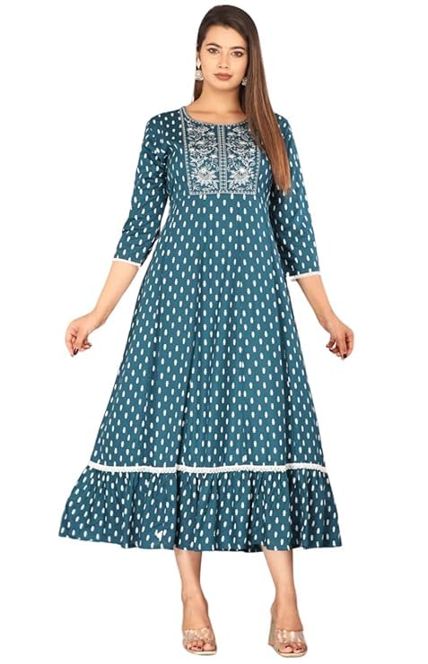 Women's Rayon Embroidered Work 3/4 Sleeve Round Neck All Over Print Regular Fit Casual Anarkali Gown-picture-22