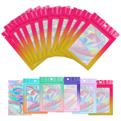 Funfery 100 Pack Gradient Holographic Bags,Resealable Bags with Z...