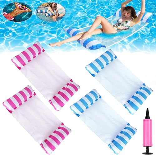 4 Pezzi Amaca Gonfiabile adulti,Amaca Gonfiabile Piscina Reclinabile per Adulti Piscina Giochi Estiva Mare Beach Party, Lettino Pieghevole Piscina Gonfiabile con 1 Pompa (4PCS-2Rosso+2Blu)