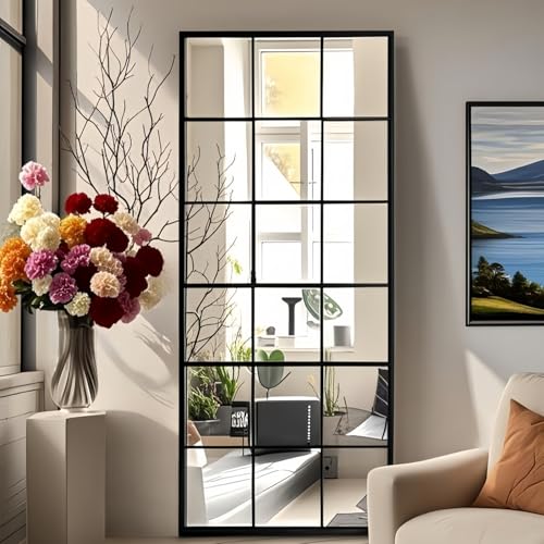 Image of Dewfig Windowpane Full Length Mirror, 65 inchx 24 inch Floor Standing Mirror, Black