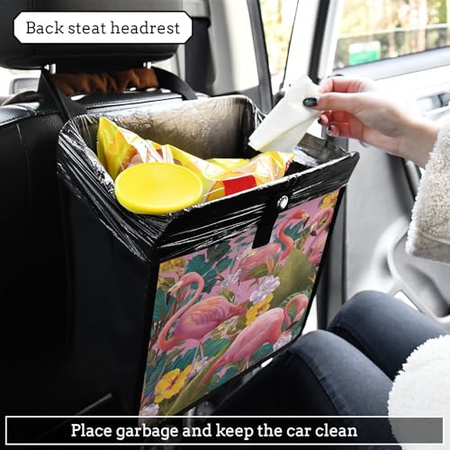 Image of Car Trash Can Organizer Bin with Adjustable Strap for Back Front Seat Console Waterproof Leakproof Collapsible Portable 8.66 Inch Pink Romantic Tropical Flamingo and Plants