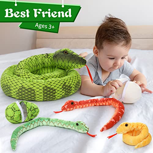 Tezituor Giant Realistic Snake Stuffed Animal, Large 79 Inch Long Green Boa Constrictor Plush Toy, Mommy Snake With 3 Cute Babies & 2 Eggs Gift For Boys Girls #TOP5