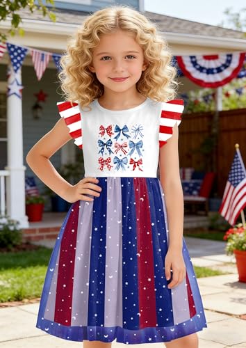 Image of Girls 4th of July Dress American Patriotic Outfit USA Independence Day Clothes Flutter Sleeve Tulle Tutu Dress 5-14y