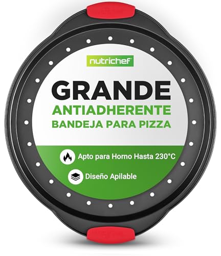 NutriChef Bandeja pizza horno, Mango de silicona, Sartén redonda antiadherente, Acero con agujeros perforados