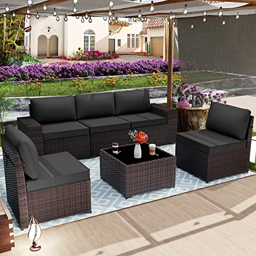 Alaulm Patio Furniture Sets 6 Pieces Patio Sectional Outdoor Furniture Patio Sofa Chairs Set All Weather Pe Rattan Wicker Couch Conversation Set With 5 Black Thickened Cushions & Coffee Table #TOP1