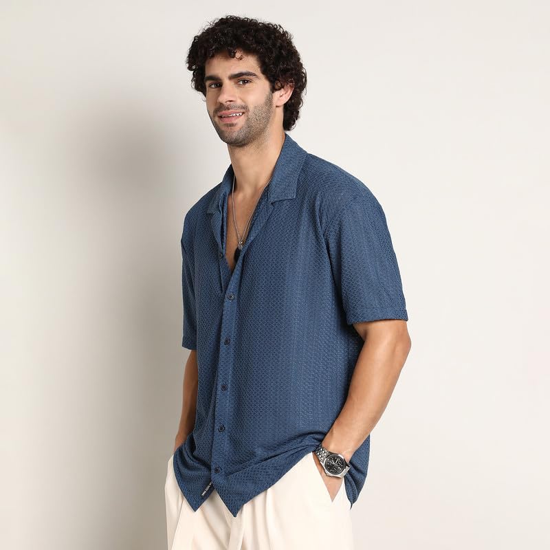 Image of CAHOOT Men's Oversized Shirt for Casual Wear | Cuban Collar | Short Regular Sleeves | Button Closure | Oversized Shirt Crafted with Comfort Fit for Everyday Wear