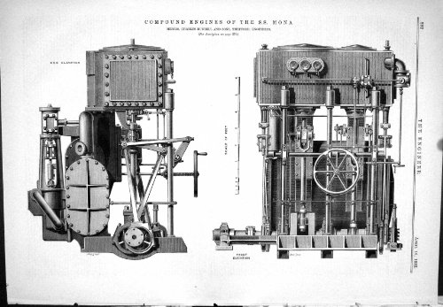 original old antique victorian print MOTEURS COMPOUND S.S. SHIP MONA MACHINANT CHARLES 1885 BURRELL THETFORD original old antique victorian print MOTEURS COMPOUND S.S. SHIP MONA MACHINANT CHARLES 1885 BURRELL THETFORD