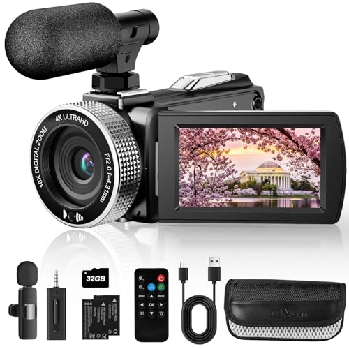 Image of Rumyums 4K Ultra HD Video Camera Camcorder 48MP Digital Recorder with Wireless Lavalier Microphone for Vlogging YouTube Travel,18X Digital Zoom Camcorder with Remote, 32GB Card