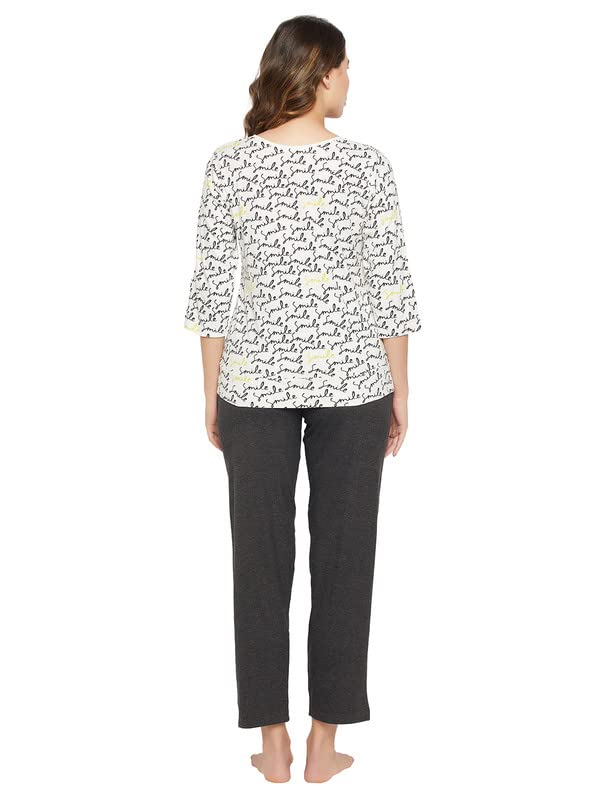 Image of Clovia Women's Cotton Print Top And Basic Pajama Set In White