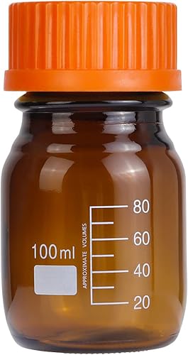 20 piezas de vidrio de borosilicato ámbar 3.4 fl oz graduado redondo laboratorio reactivo mediosbotella de almacenamiento con tapa de rosca naranja