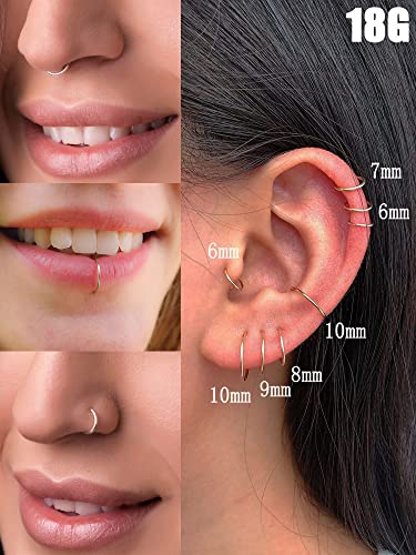 Silver Hoop Nose Ring 18G , Surgical Stainless Steel 18 Gauge Small Hinged Segment Nose Rings Septum Clicker Nostril Piercing Jewelry, Mini Endless Seamless Sleeper Hoops Tiny Thin Huggie Hoop Earrings Set For Cartilage Helix Daith Tragus (7/8/9Mm) #TOP2