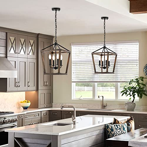 4 Lights Farmhouse Kitchen Island Lighting,Dining Room Black Wood Chandelier,Rustic Lantern Pendant Lighting For Hallway Foyer Entryway.e12 Bulb,12.6”*H18.1”, Height Adjustable. #TOP1