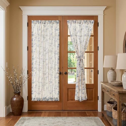 Image of jinchan Floral French Door Curtain Panel Farmhouse Decor Light Filtering Linen with Tie Up Bow for Glass Door or Patio 72 Inch Length Rod Pocket 1 Panel Blue on Linen