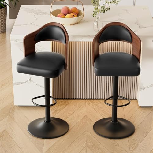 CENXI Bar Stools 2PCS Wooden Upholstered PU Leather Barstools with Back and Footrest Seat Adjustable Height 24.5-33.5IN Counter Height Bar Chairs for Kitchen Island (Black)