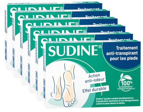 Sorifa – Lote de 6 – Sudine Polvo Tratamiento Antitranspirante – Pie – Regula el sudor – Absorbe – Previene las micosis – Sin sales de aluminio – Fabricado en Francia – Caja de 6 bolsas dobles