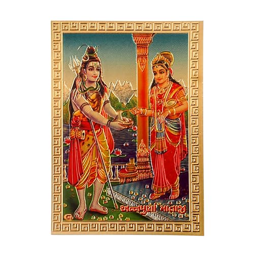 Hawai Gold Plated Maa Annapurna Devi with Lord Shiva Acrylic Sticker | Self Adhesive Pocket Size Religious Sticker for Pooja, Car, Wallet & Home | 3.5 x 2.5 Inch | SFDI743PKT