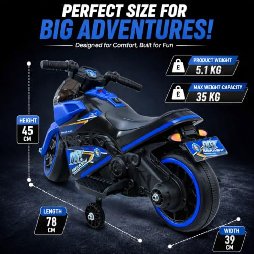 Image of MEKASHI 6V Electric Ride-On Bike for Kids with Bluetooth Music (Blue) | Realistic styling with LED headlight, rechargeable battery & smooth ride performance for toddlers aged 1-4 years