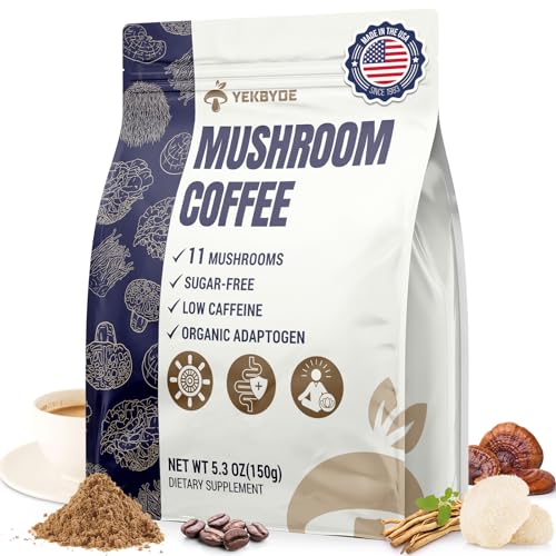 Mushroom Coffee, 11 Superfood Mushrooms includes Lion's Mane, Reishi, Chaga & Ashwagandha, Instant Mushroom Coffee Organic for Energy, Memory, Degestion & Detox, Low Caffeine & Sugar Free, 5.3oz