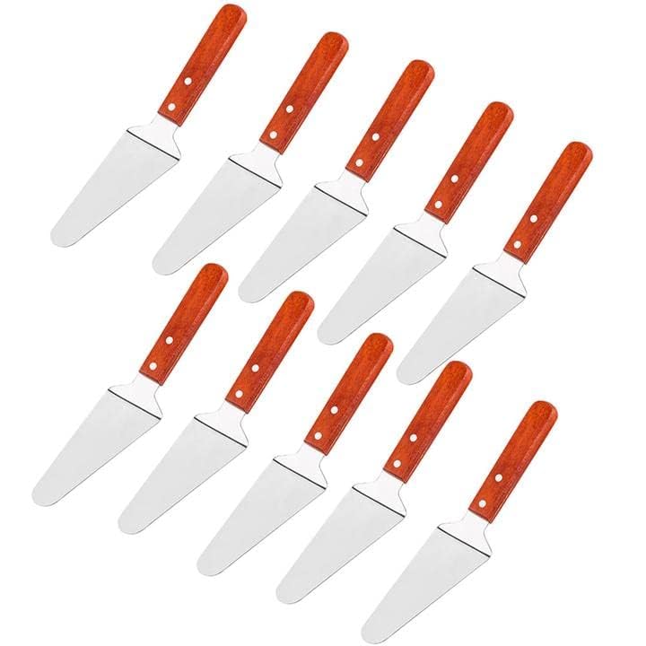 10 espátulas triangulares para tartas para tartas de pizza, mango de madera, mango de madera, acero inoxidable, 10 unidades 2