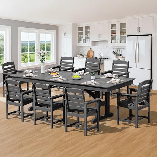 SERWALL 9Pcs HDPE Outdoor Dining Set for 8 with Sling Chairs,Black/Gray — view 8