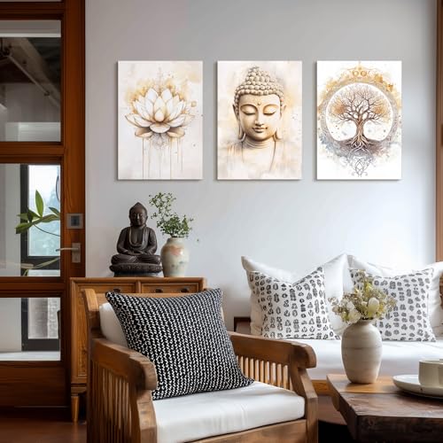 SERIMINO Zen Wall Art Set of 3, Buddha Tree of Life Lotus Flower Canvas Art Prints, Modern Meditation Pictures Wall Decor Living Room Yoga Room, Spiritual Studio Office Artwork for Walls 16X24 Inch