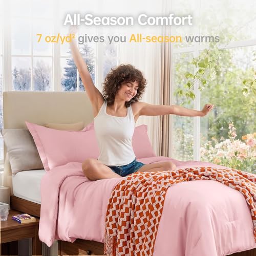 Image of MUXHOMO Pink Twin /Twin XL Comforter Set, All Season Ultra Soft Down Alternative Bedding - 2 Piece Lightweight Bed Set Includes 1 Comforter (68 inchx88 inch) and 1 Pillow Shams (20 inchx26 inch)