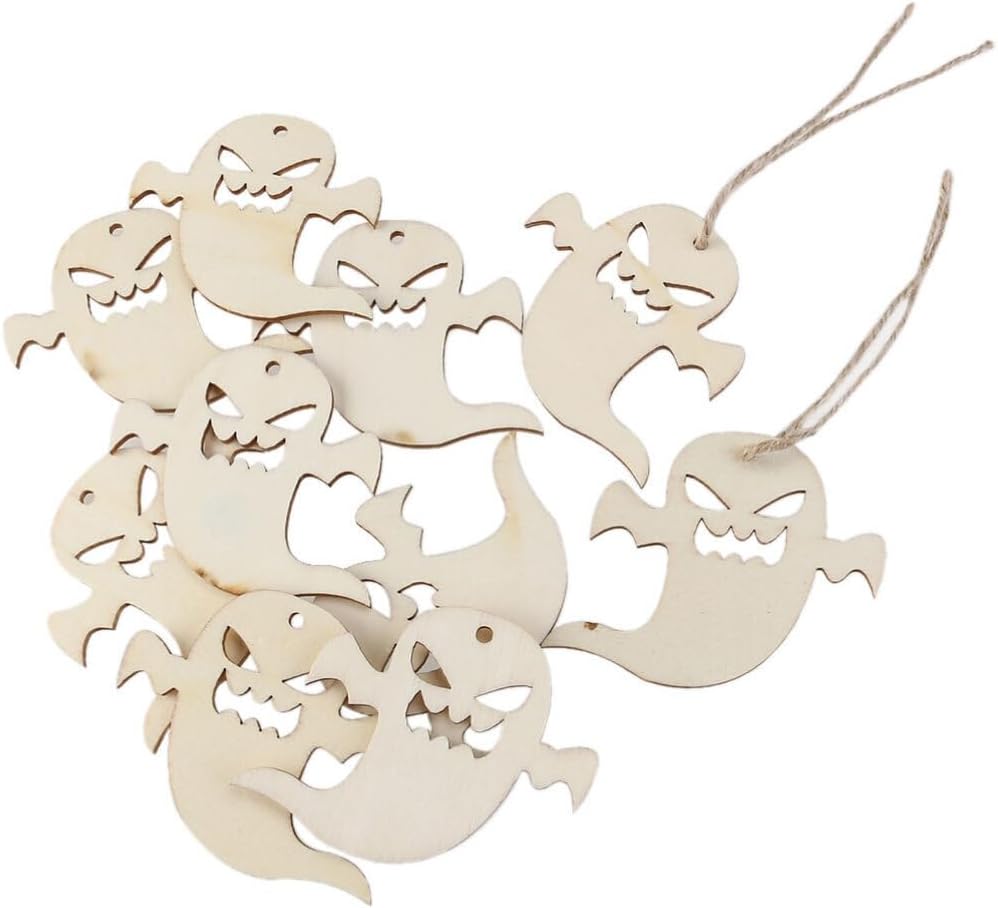 VILLCASEVILLCASE Halloween Wood Slices, Wooden Embellishments Halloween Ghost Cutouts Halloween Ghost Pendant Decoration with Ropes 10pcs Snicker Ghost