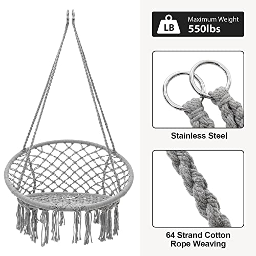 Image of Garpans Hammock Chair Macrame Swing Bohemian Style Hammock Swing Chair with Tassels Hanging Swing Chair Handmade Knitted Cotton Rope for Indoor Outdoor Bedroom Patio Max 330 Lbs Grey