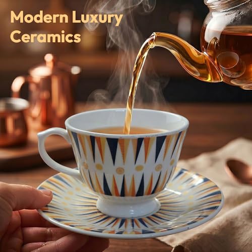 Image of U.P.C.Cup & Saucer Set 12 Pcs | Navy Blue Orange Gold Geometric Diamond Print Bone China Tea Coffee Set for Home Kitchen