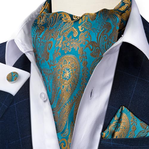 Image of DiBanGu 3PCS Ascot Ties for Men Wedding Jacquard Woven Silk Ascot Cravat for Men Cravat Tie and Pocket Square Set