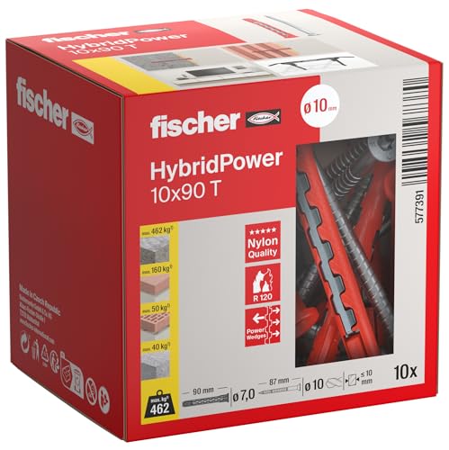 fischer HybridPower 10 x 90 T, Dübel für höchste Tragfähigkeit und Sicherheit, einfache Montage ohne Setzwerkzeug, universell für Loch- und Vollbaustoffe, Mauerwerk, Beton, sicher auch im Brandfall
