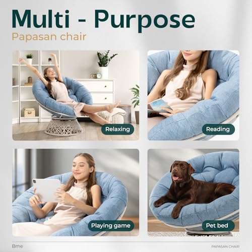 Image of Bme Ergonomic Wicker Papasan Chair with Soft Thick Density Fabric Cushion, High Capacity Steel Frame, 360 Degree Swivel for Living, Bedroom, Reading Room, Lounge, Serene Oasis - White Base