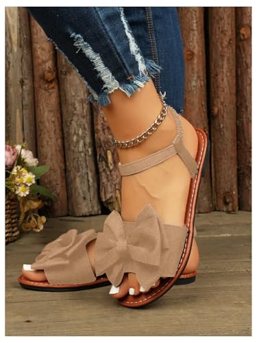 Image of GORGLITTER Women's Bow Flat Sandals 2026 Dressy Cute Ankle Strap Slides | Summer Shoes for Women 2026, Slip On Open Toe Flats, Slingback Slides, Vacation Dress Sandals