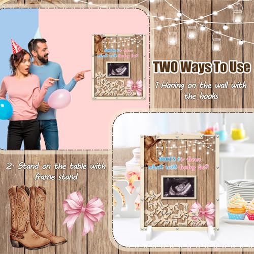 Image of Beeveer 65 Pcs Boots or Bows Gender Reveal Baby Shower Guest Book Alternatives Western Gender Reveal Decorations Sign in Guest Book with Picture Frame and 60 Wooden Chip for He or She Party Keepsake