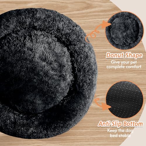 Image of JOLLYVOGUE Calming Small Dog & Cat Bed for Indoor Cats - 20 inches Washable Donut Bed for Kittens & Puppies, Anti-Anxiety Round Fluffy Plush Pet Beds (Fits up to 15 lbs, Smoke Black)