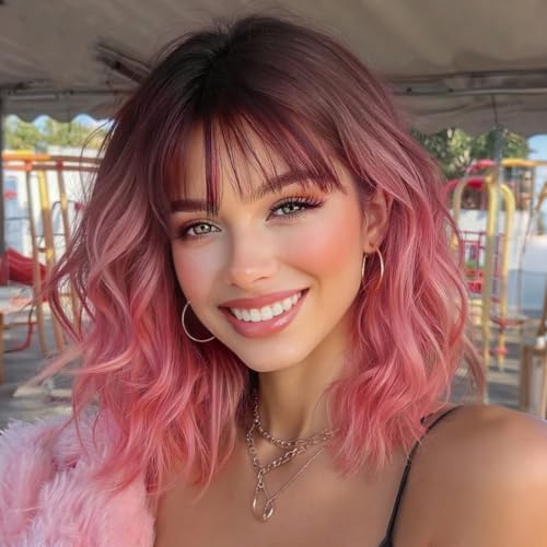 Image of Nnzes Pink Wig with Bangs for Women Short Bob Wavy Charming Synthetic Wigs with Natural Shoulder Length Curly Heat Resistant Fiber Hair for Daily Party Use