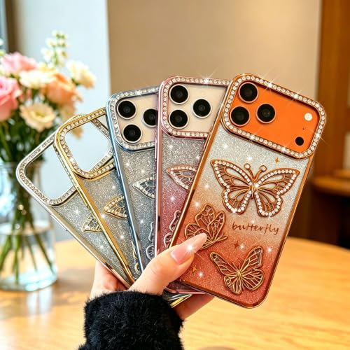 Coque iPhone 16 Papillon 3D strass or et paillettes transparentes - 7