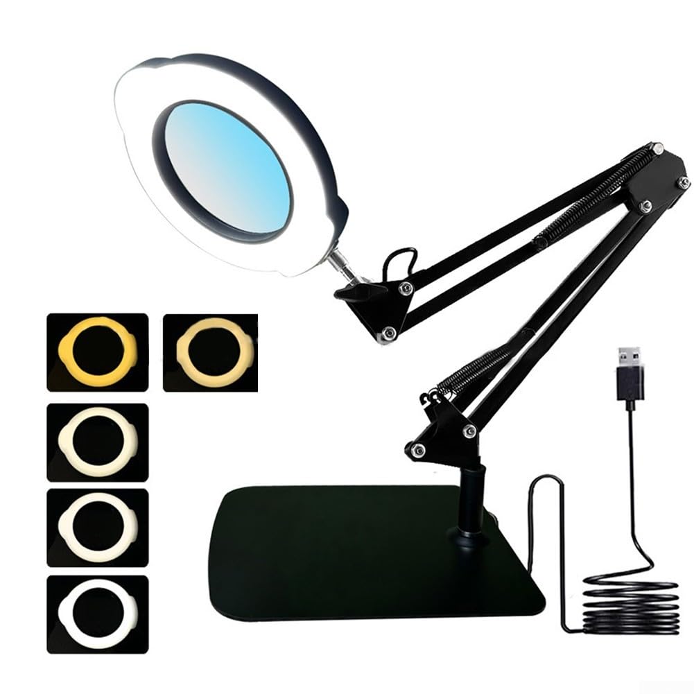 Vergrößerungslampe mit LED-Licht, 5 Farbmodi stufenlos dimmbar, 4,3 Zoll optische Glaslinse, 2-in-1 Tisch- und Klemmlampe für Handwerk Lesen Reparatur, schattenfrei augenschonend(White C)