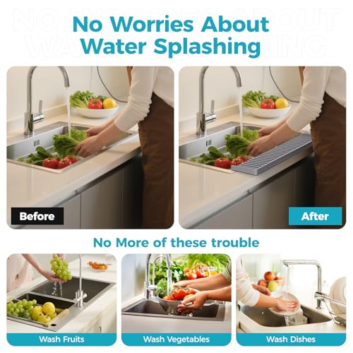 Image of Silicone Sink Edge Protector Mat - Sink Draining Mat, Edge Splash Guard & 20 inchx4 inch Multifunctional Sink Accessories with Suction Cup for Kitchen Bathroom Countertops, Granite Quartz Surfaces